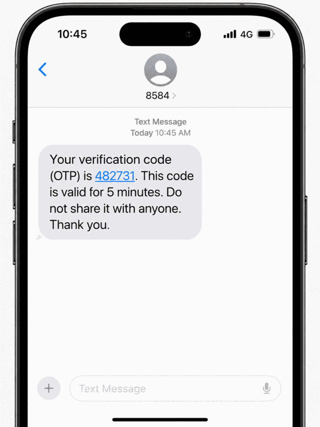 Phone screen showing an OTP verification SMS delivered from Short Code 8584